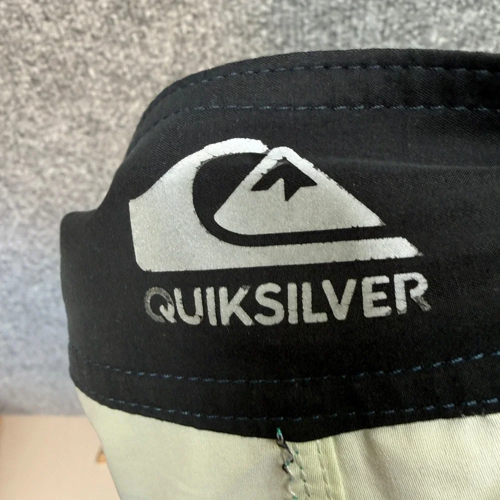 Quiksilver Board Shorts Men 38 Green Yellow Stripe Cargo Pocket Surf Swim Trunks